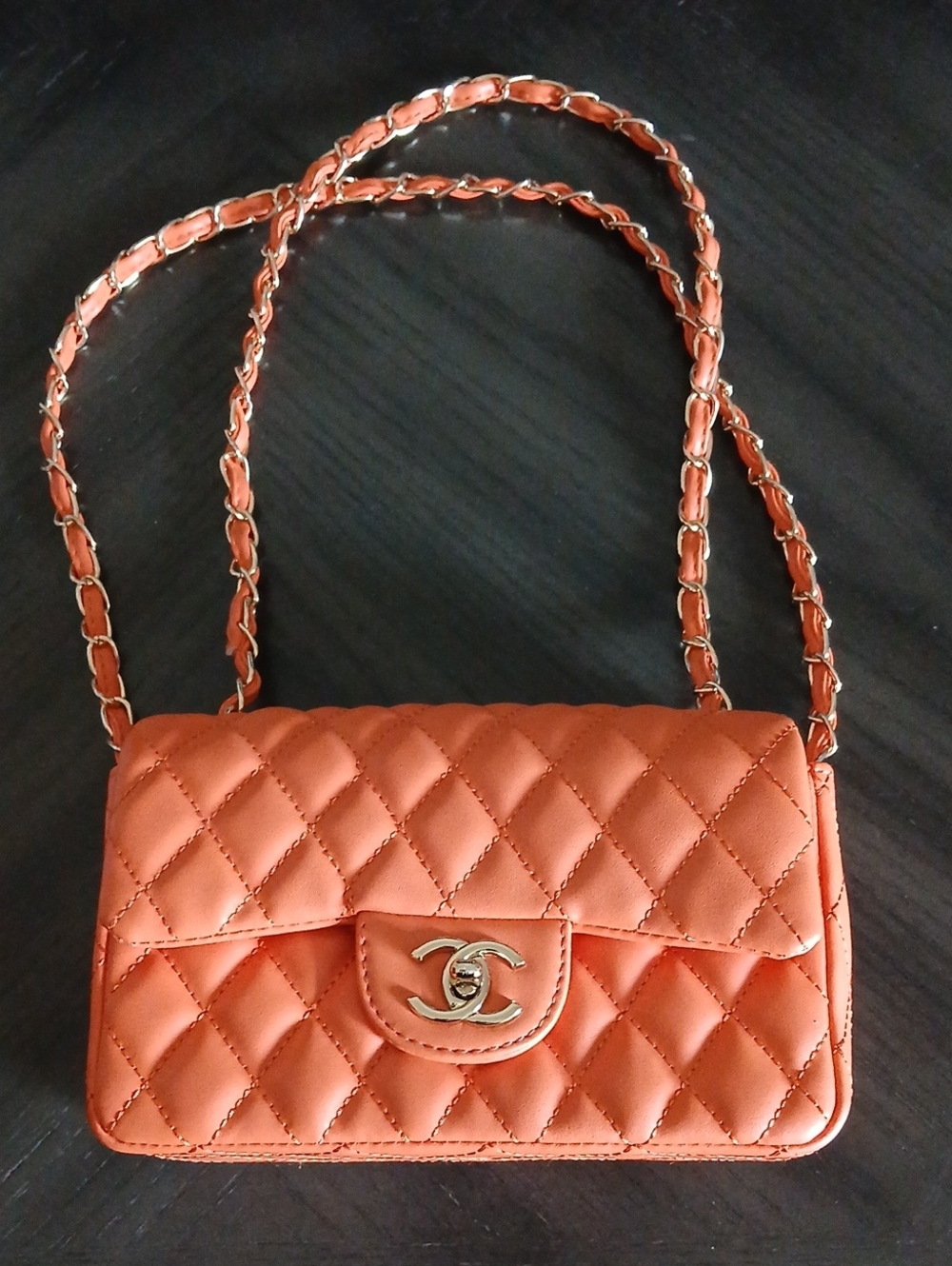 Quilted Orange Mini Shoulder Bag with Chain Strap